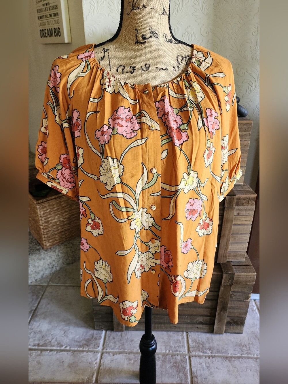 DR2 Women's Mustard Floral Short-Sleeve Peasant Top
